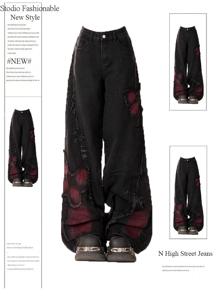 Aiertu Women's Black Gothic Baggy Jeans Harajuku Y2k Aesthetic Butterfly Denim Trousers Korean Jean Pants Vintage 2000s Trashy Clothes Aiertu