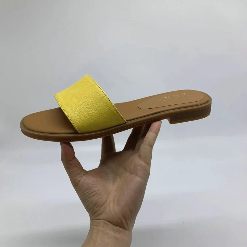New women slippers 100% Genuine leather 1.5cm flat slipper open toe women sandals  black  yellow ladies casual shoes woman