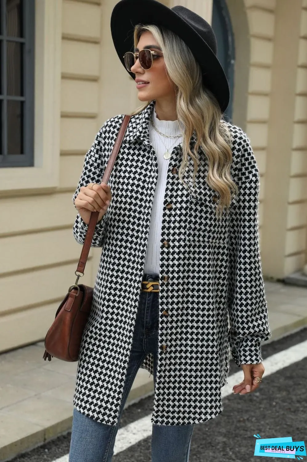 Houndstooth Button Up Dropped Shoulder Coat
