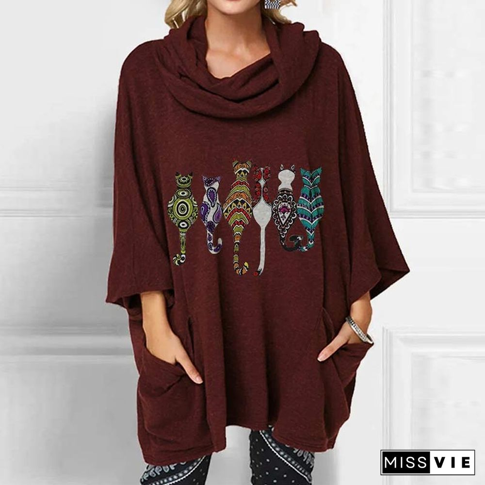 Cartoon Kitty Print Pocket Loose Shirt