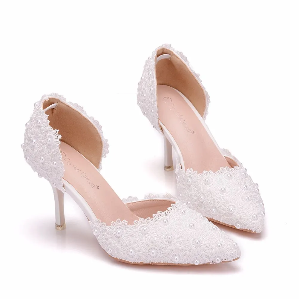 Breakj Breakj Cm White Lace Wedding Shoes Fine Heel Pointed Sandals Hollow Two-Siped Sandals Large Size Lace