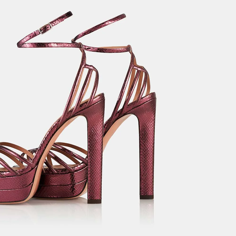 Purple Metallic Strappy Snake Print High Heels Sandals with Platform