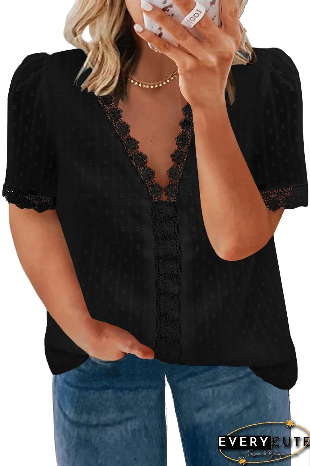 Black V Neck Lace Crochet Swiss Dot Short Sleeve Blouse