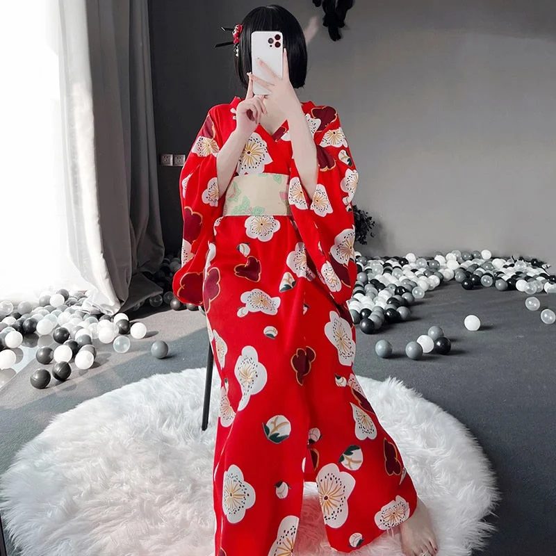 OJBK Japanese Kawaii Pink Kimono White Bow-Knot Waistband Thong Sexy Lingerie Cosplay Costumes Woman Yukata Robe With Obi Belt