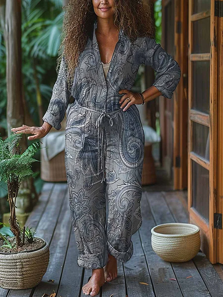 Women's Paisley Print Casual Cotton Wide Leg Jumpsuit