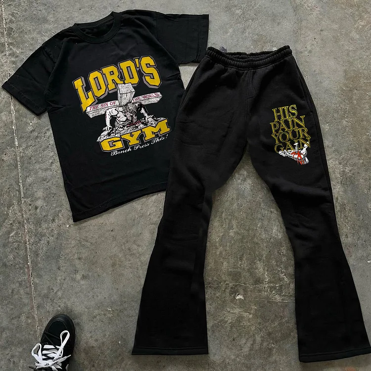 Lord’s Gym Print Tee & Flared Trousers Two Piece Set
