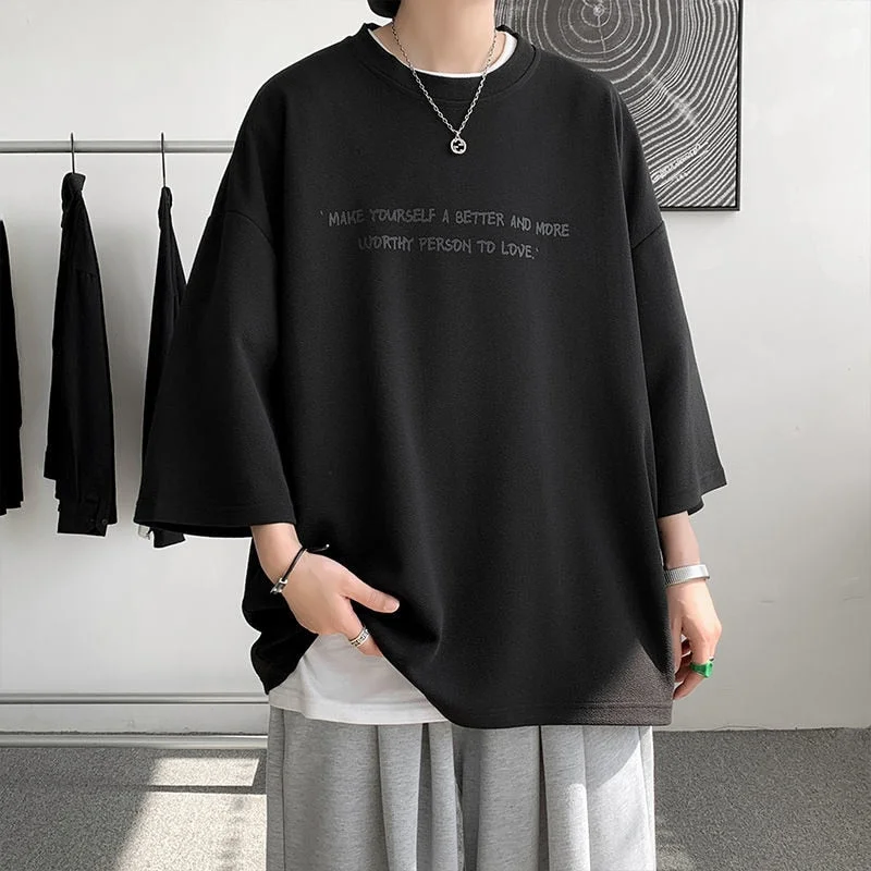 Aonga Hybskr Men Summer Vintage T Shirts Letter Graphic Harajuku Casual Tshirt For Male 2022 New Oversize Man Tees Three Quarter Tops