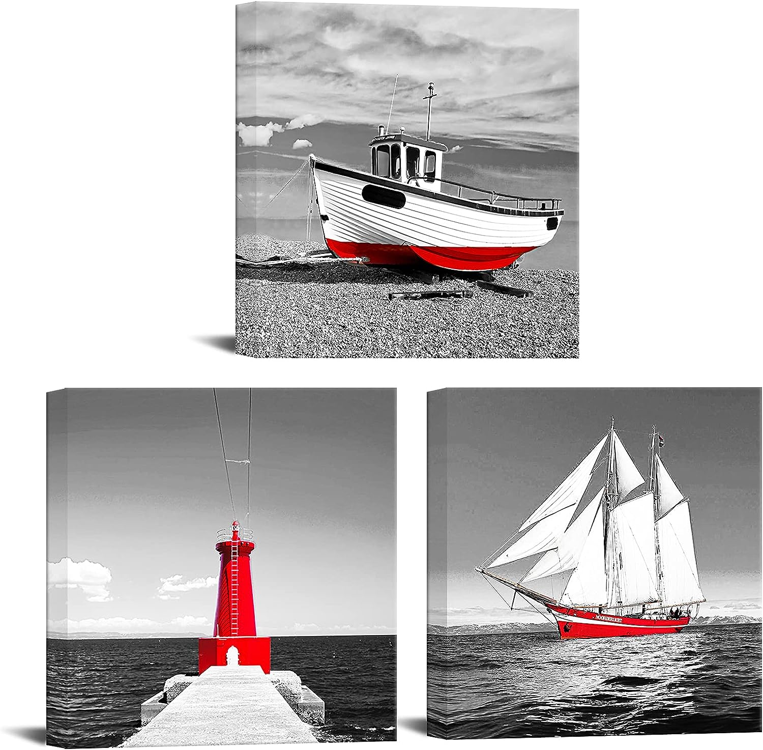 Black and White Ocean Boat Canvas Wall Art Beautiful Seascape Red Lighthouse and Sailboat Picture Print for Living Room Bathroom Modern Home Decor Framed 12x12inchx3pcs