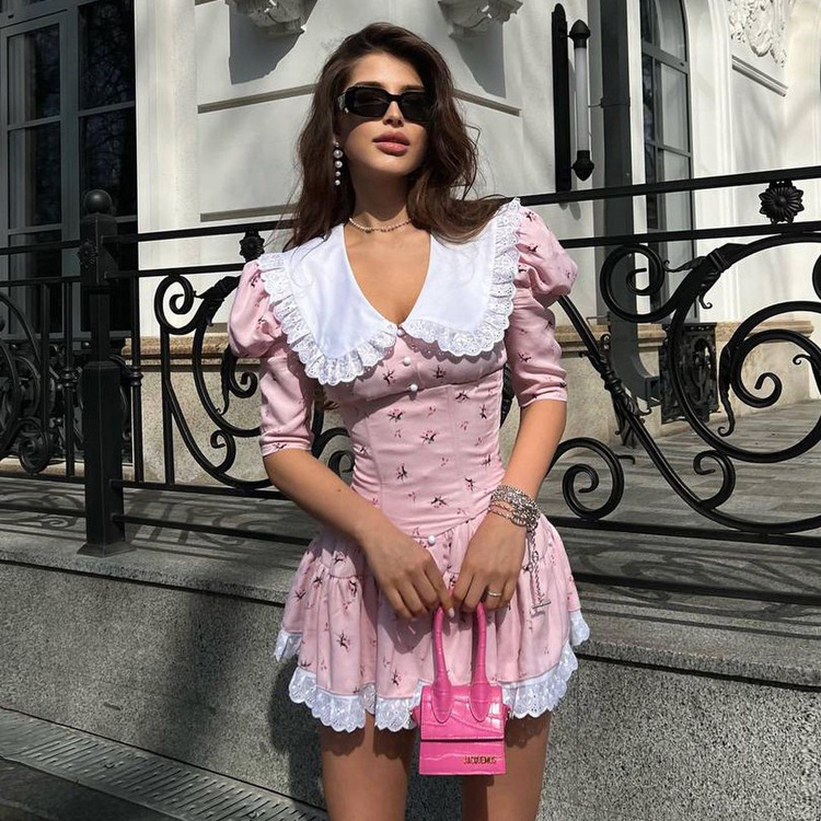 Ootddress Summer Printed Patchwork Mini Dress Female V-Neck Short Sleeve Slim Fashion Elegant Party Dress Gown For Women Dress 2025