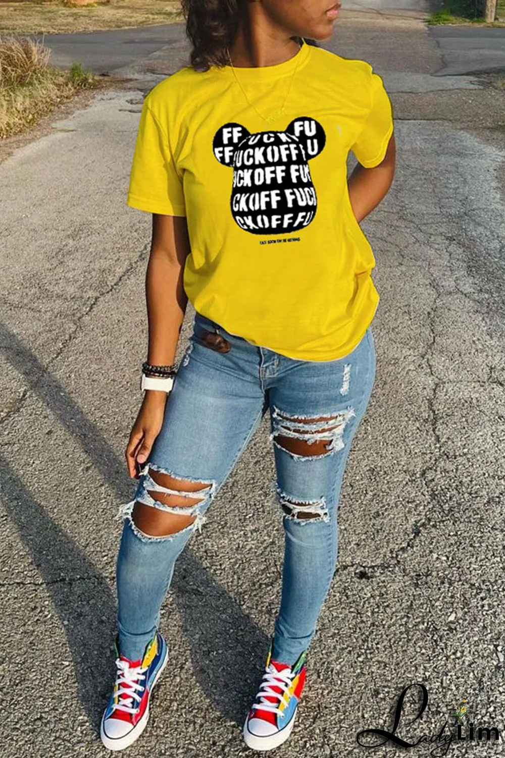 Orange Fashion Casual Cartoon Print Basic O Neck T-Shirts