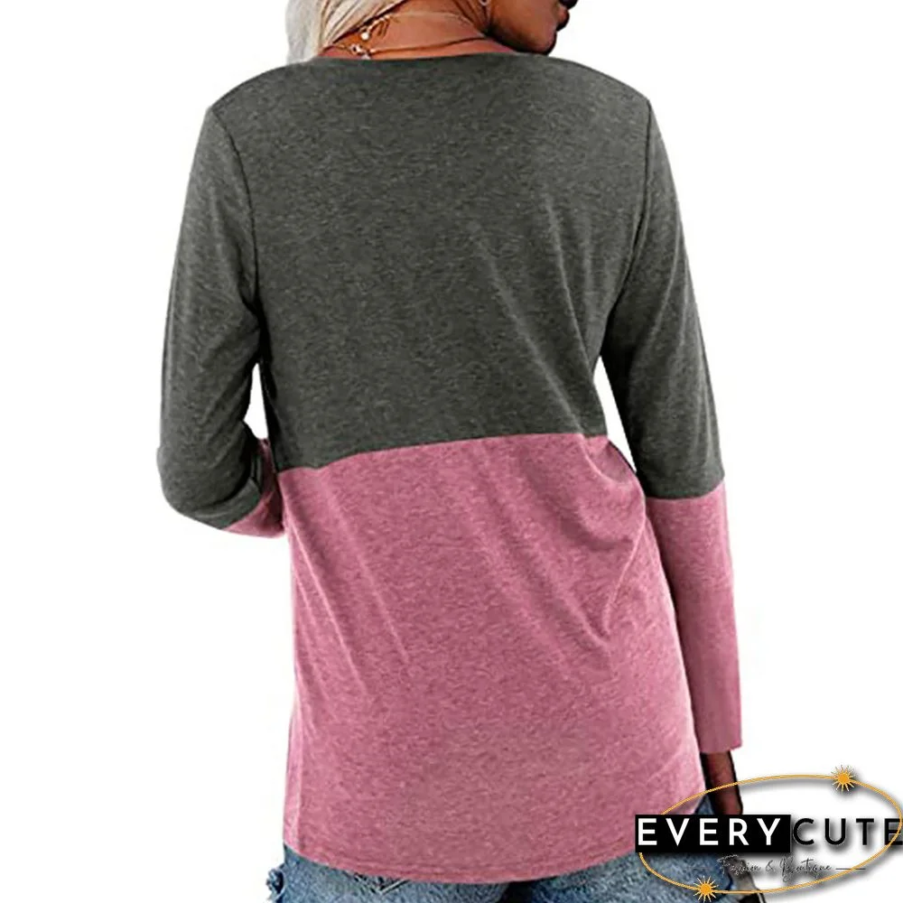 Pink Contrast V Neck Long sleeve Tops