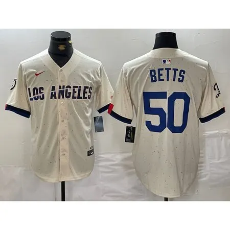 Men's Los Angeles Dodgers #50 Mookie Betts Cream Stitched Baseball Jersey E32U