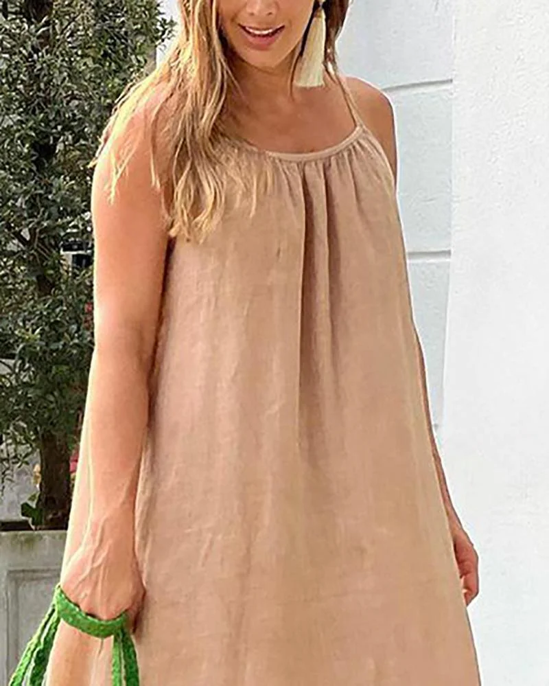 Simple solid color suspender dress