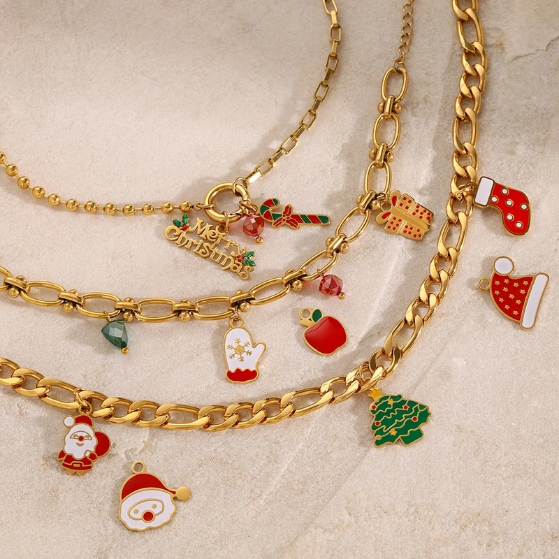 3 PCS/Package 304 Stainless Steel 18K Gold Plated Santa Claus Christmas Socks Snowman Pendant Jewelry Accessories