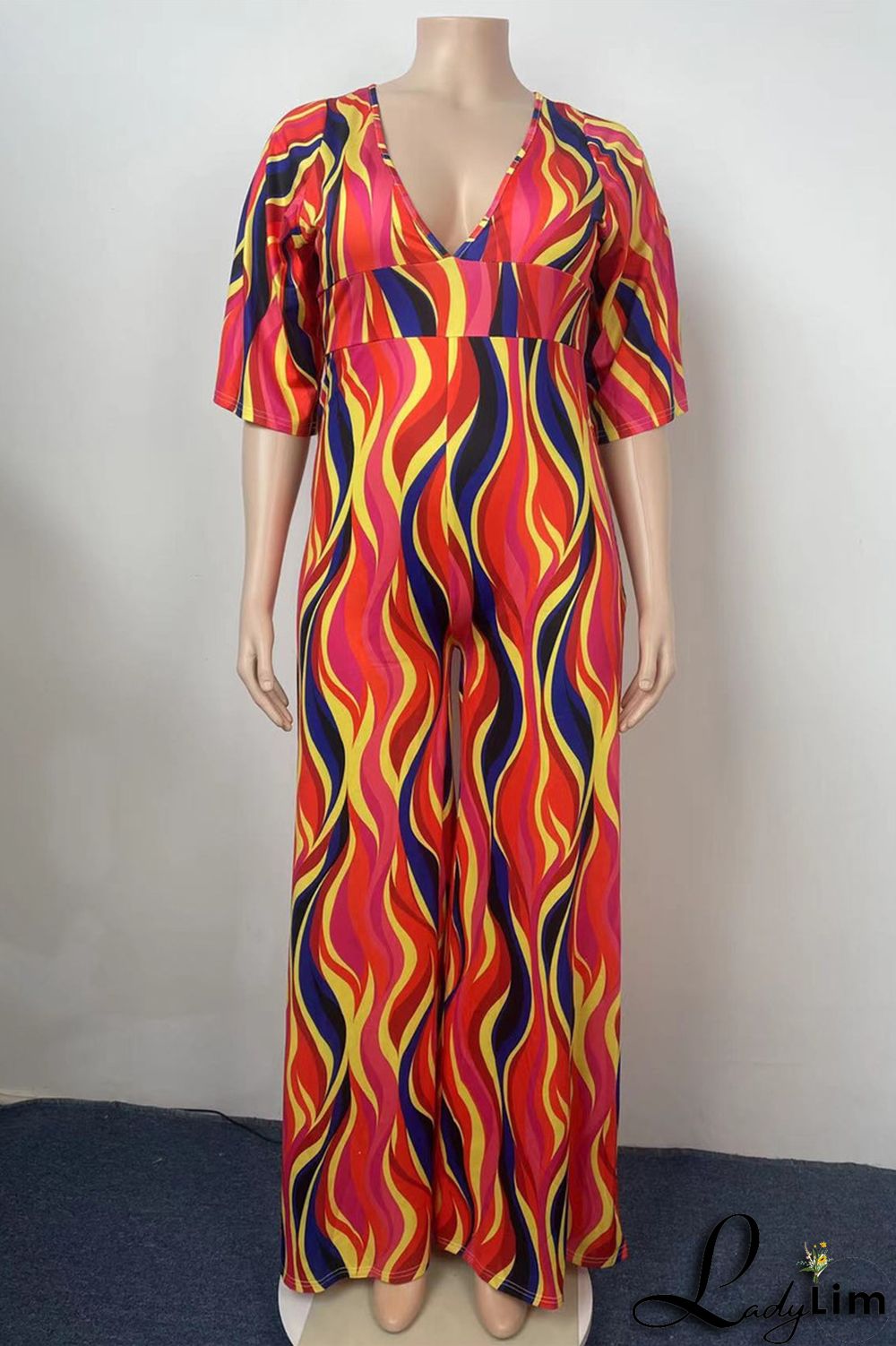 Red Fashion Casual Print Split Joint V Neck Regular Jumpsuits