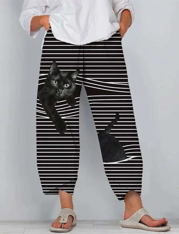 Black Cat Print Striped Patchwork Elastic Waist Plus Size Pants