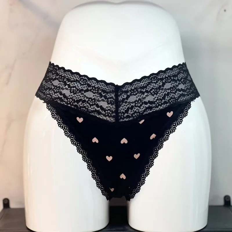 Athvotar Athvotar Breathable Cotton Splicing Lace T-Shirts Heart-Shaped Printed Cotton Lace Side Plus-Size Low-Rise T-Sants Ladies Trousers