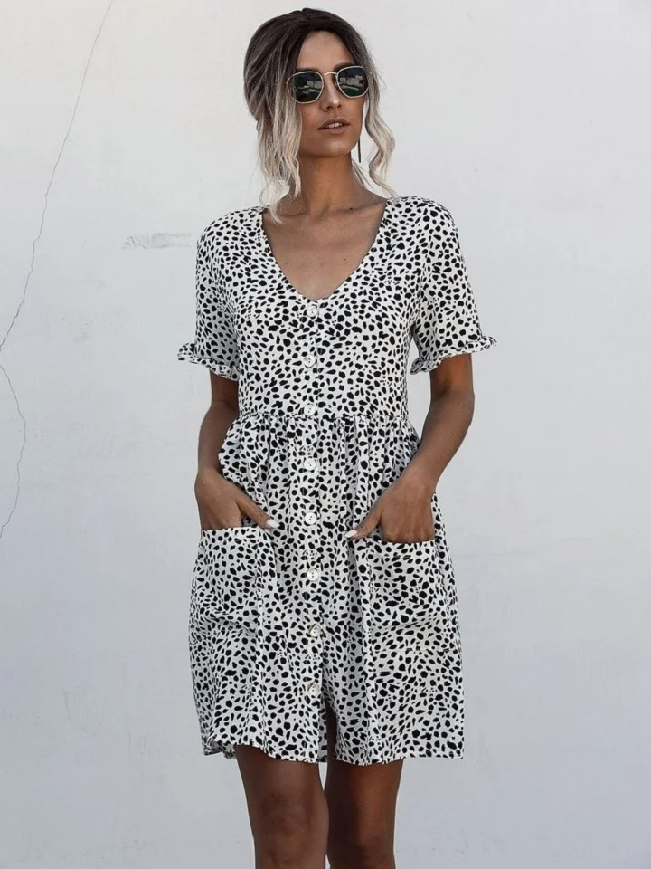 Short Sleeve Polka Dot Printed Buttoned Pocket Dress