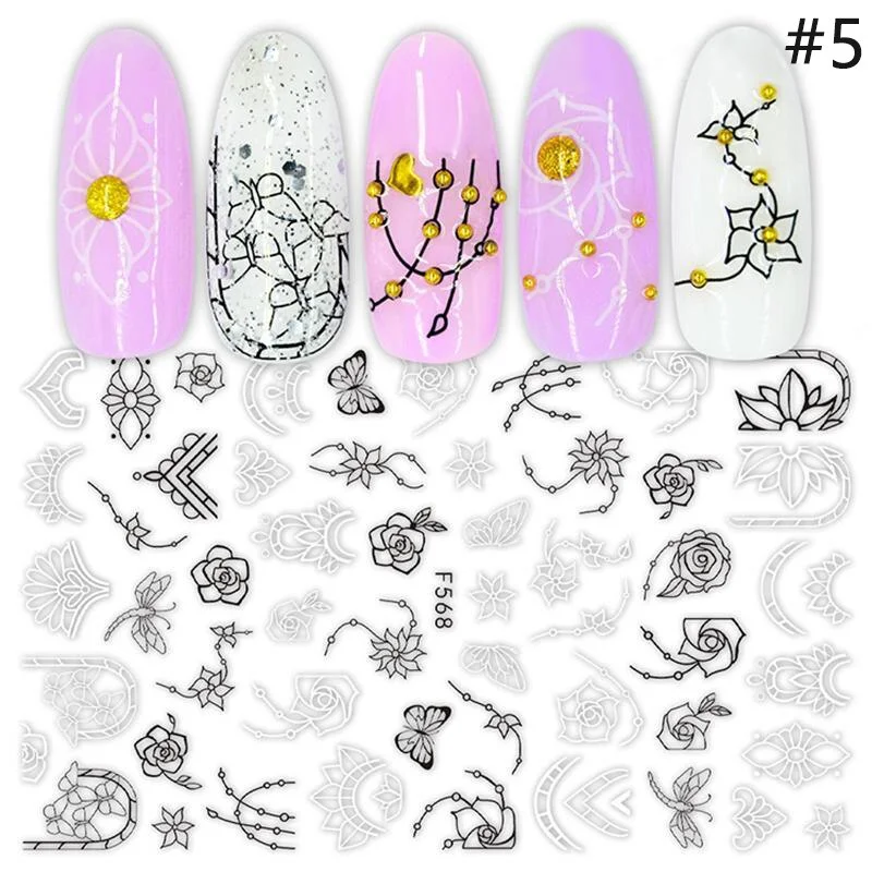 1 Sheet 3D Butterfly Nail Sticker Black Lines Flower Colorful Nail Transfer Foil Sliders Leaf Tree Summer Nail Art Decoration-Nail Inspo