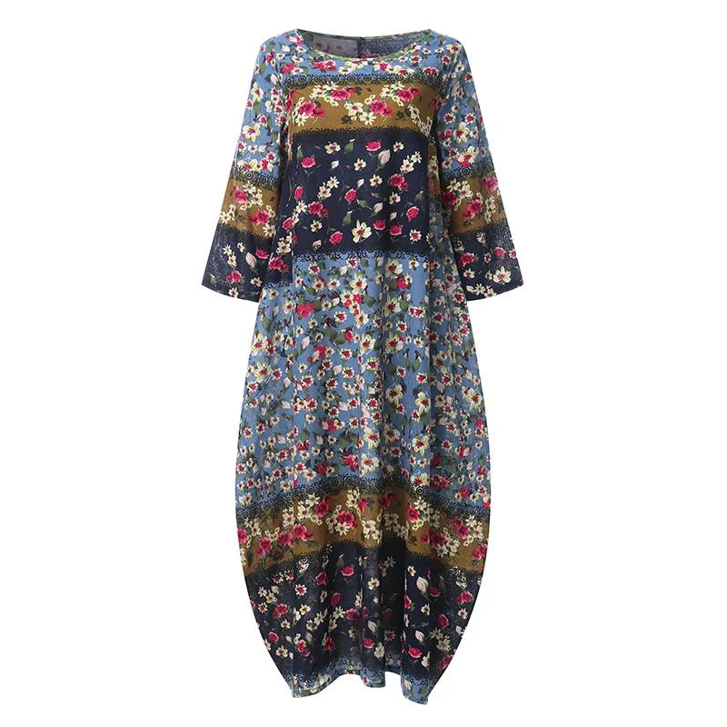 Vintage Printed Maxi Dress Women's Spring Sundress ZANZEA 2022 Casual 3/4 Sleeve Long Vestido Female Floral Linen Robe