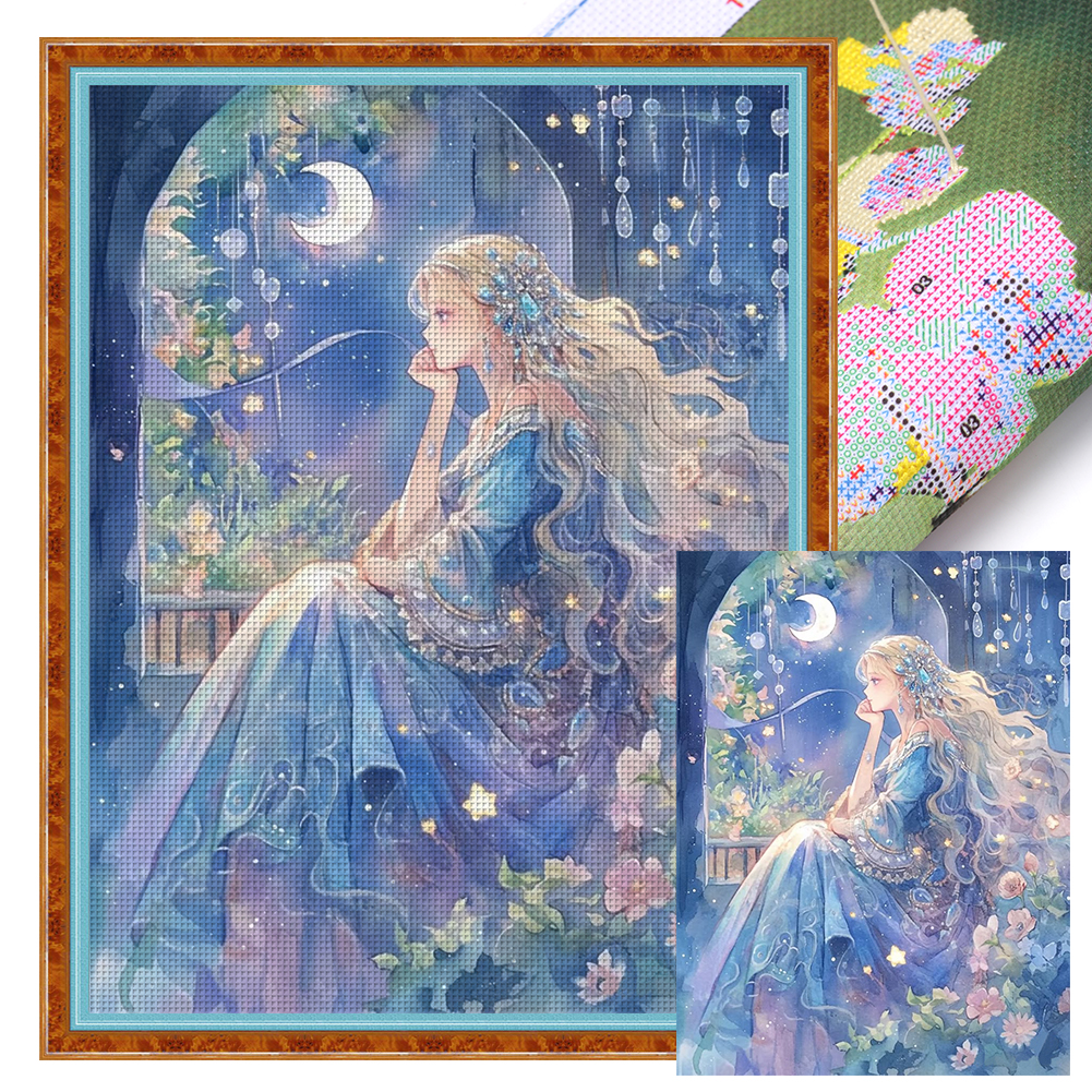 Anime girl under the moon Child Full 11CT Pre-stamped Canvas(45*60cm) Cross Stitch