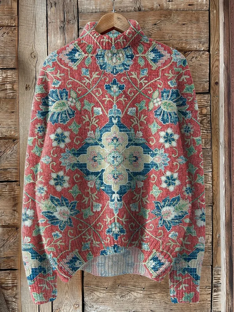 Retro Ethnic Lovely Floral Art Print Knit Turtleneck Pullover Sweater