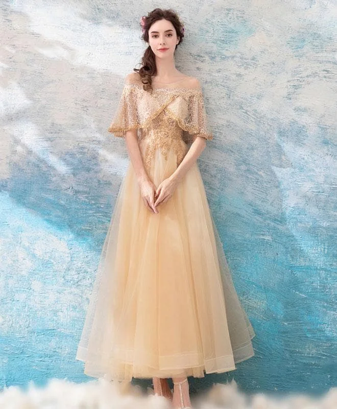 Unique Champagne Tulle Lace Tea Length Prom Dress, Champagne Tulle Evening Dress