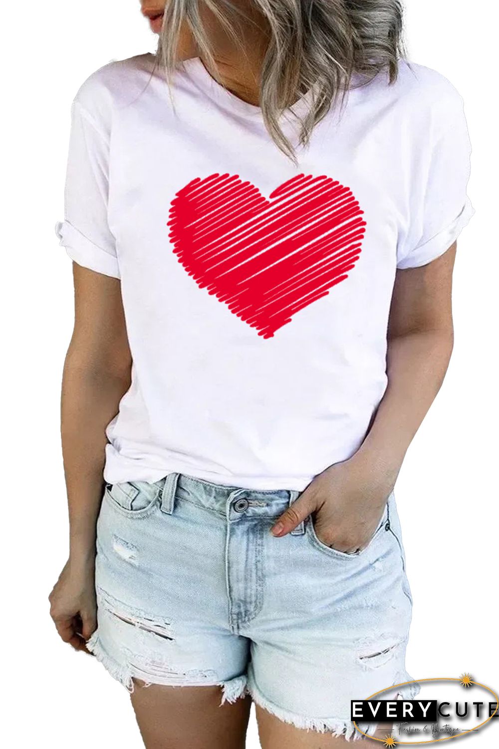White Valentine Heart-shaped Print Short Sleeve Top