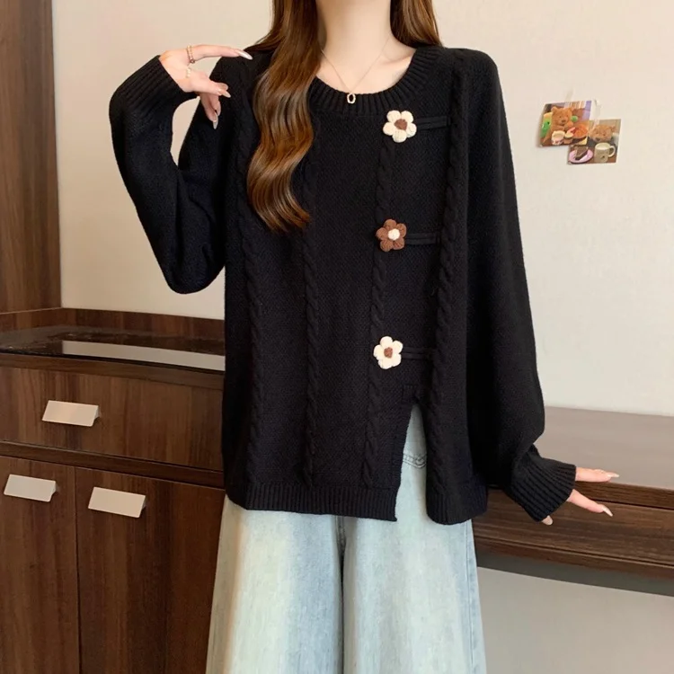 Athvotar Athvotar Women's Sweater 2025 Autumn And Winter New Gentle Milk Jacket Sweet Round Collar Flowers Three-Dimensional Decorative Knitwear