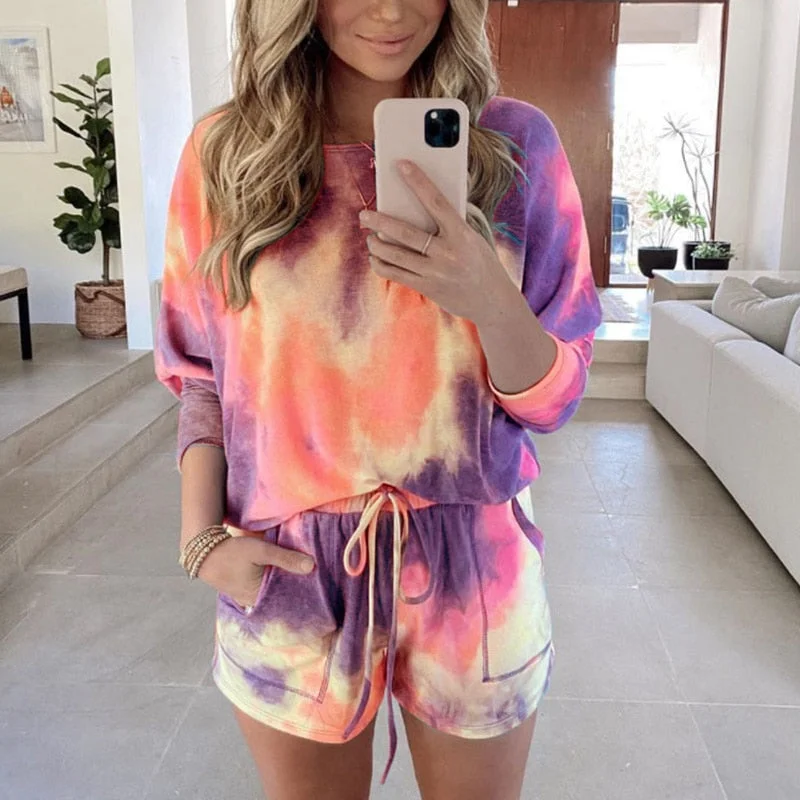 Summer Women Tie Dye Two Peices Set Casual Oversize T-Shirt High Waist Shorts Loose Tracksuits Homewear Lounge Clothing Outfits