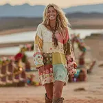 Women's Patchwork Floral Art Cozy Knit Mini Sweater Dress - Image 2