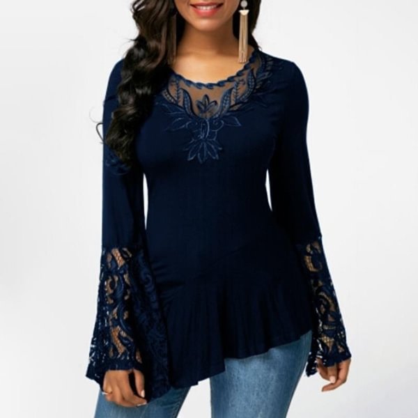 Women Casual Irregular T-shirt with Long-sleeved Lace Stitching Plus Size Shirts - Shop Trendy Women's Clothing | LoverChic