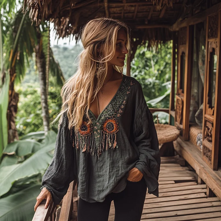 Boho Sunflower Tribal Embroidery Print Cotton And Linen Blend Loose Blouse