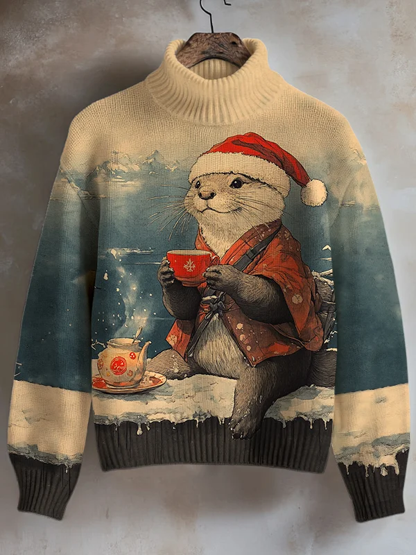 Women's Christmas Otter Drinking Hot Drink By The River Art Print High Neck Knit Sweatshirt
