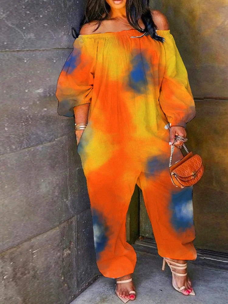 CM.YAYA  Tie Dye Off Shoulder Slash Neck  Women's Haren Jumpsuit Streetwear Active Short Sleeve Romper Overalls Outfits