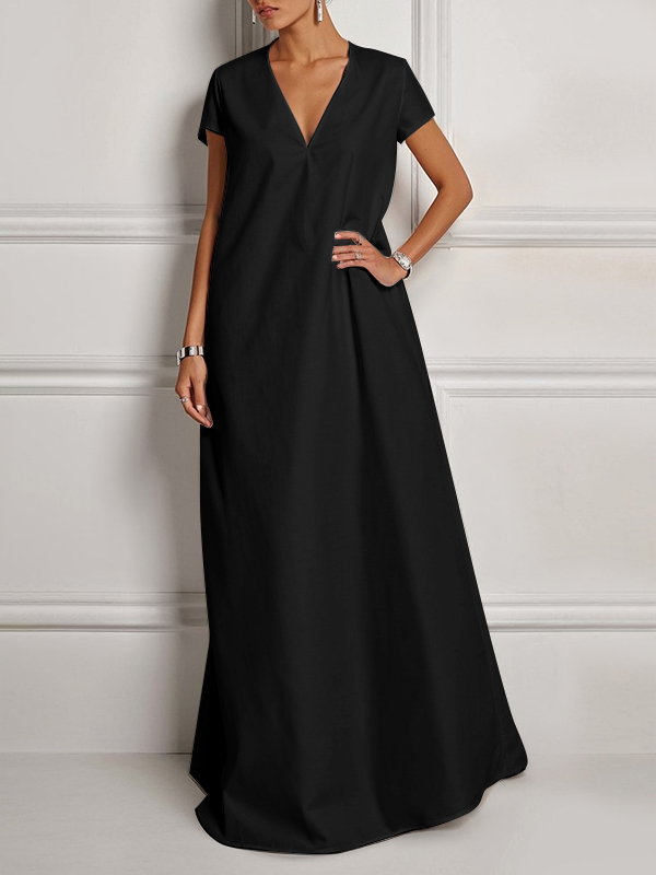 Loose Short Sleeves Solid Color V-Neck Maxi Dresses