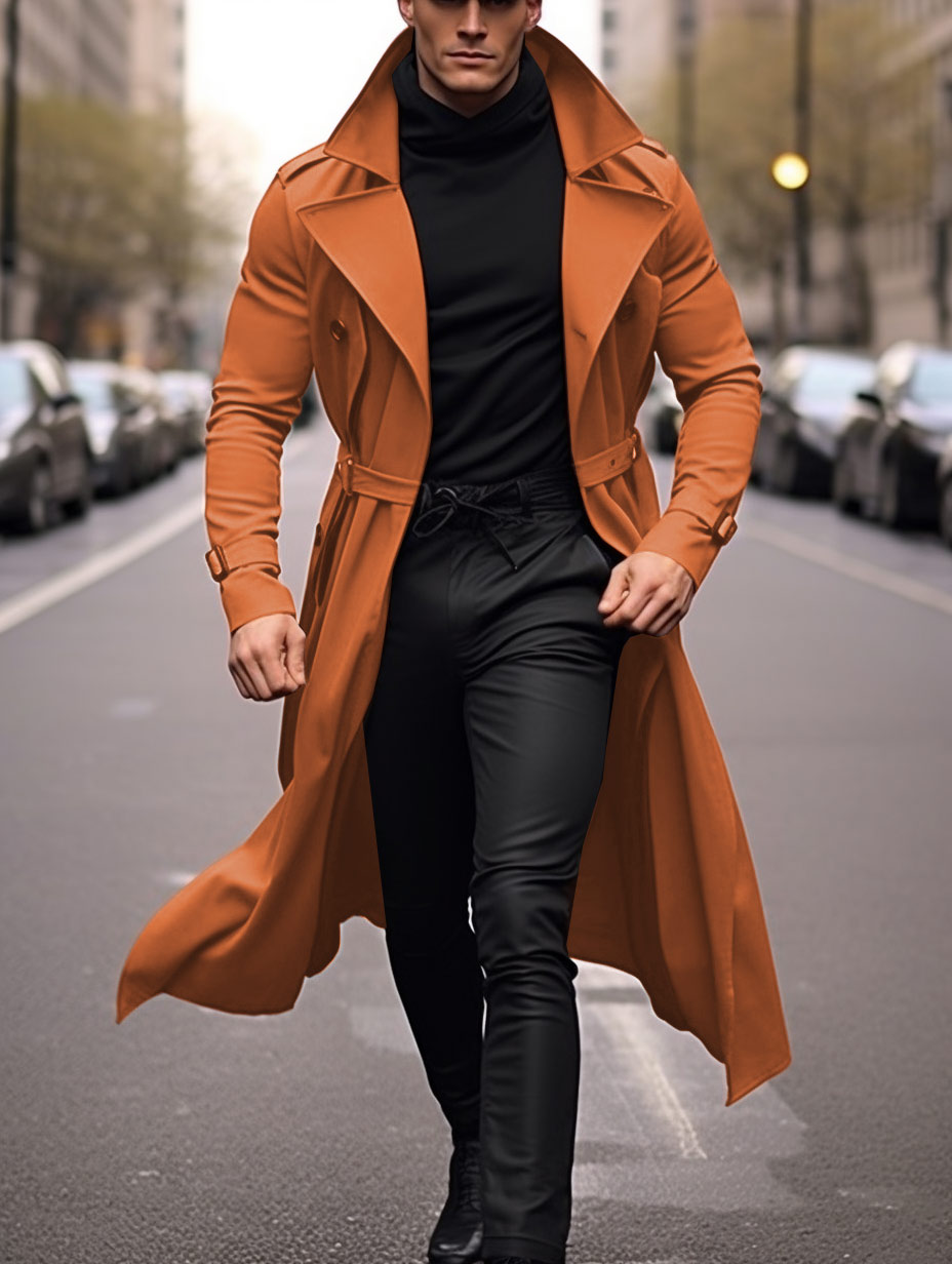Orange Men Streetwear Trench Coat