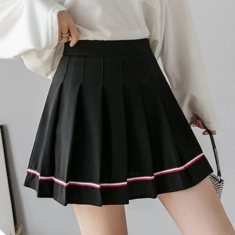 Zoki Fashion Striped Women Pleated Skirt High Waist Zipper Summer JK Girls Dancing Mini Skirt Korean Sweet Summer Black Skirts
