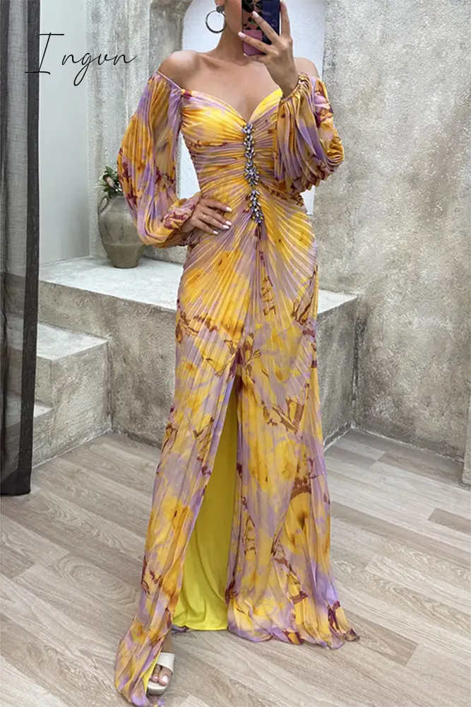 Ingvn - Elegant Formal Gradual Change Fold V Neck Evening Dress Dresses Yellow / S Dresses/Party