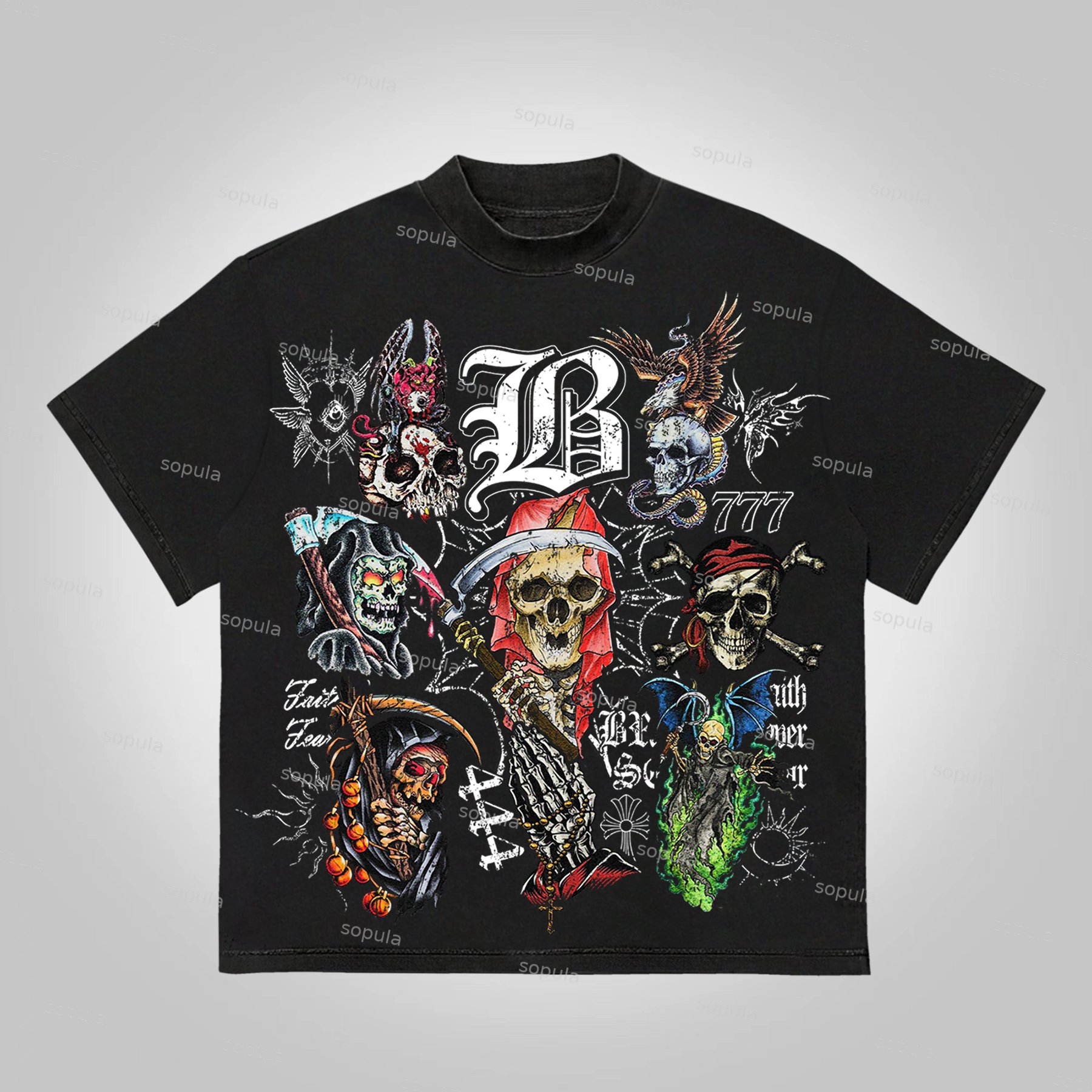 Sopula Vintage Skull Faith Prayer Graphic Print Cotton T-Shirt - SOPULA
