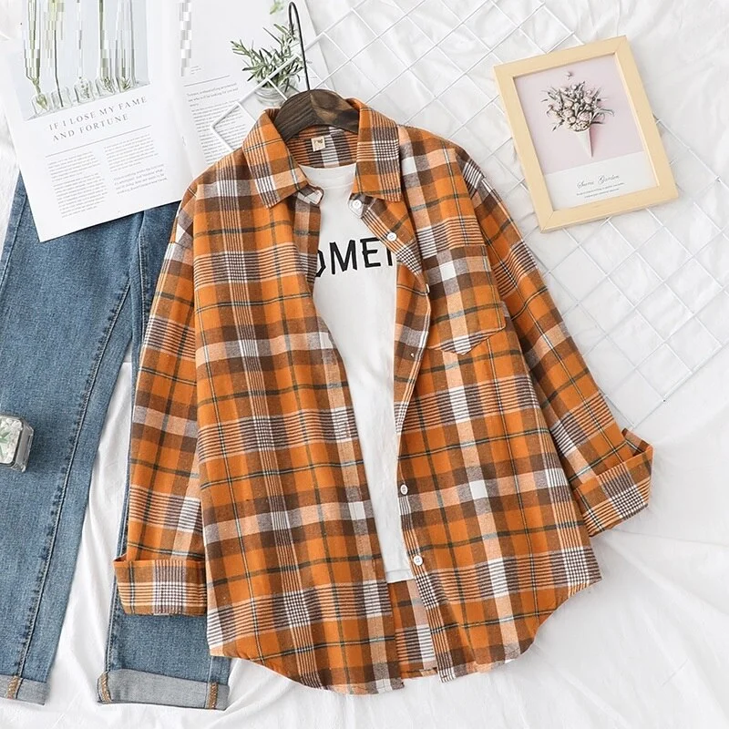 Oversized Plaid Shirt Women Spring Summer Long Sleeve Chic Blouse Tops Female Casual Loose Shirt Print Boyfriend Style Shirt