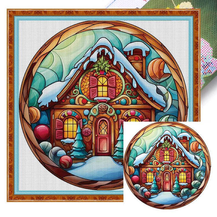 【Huacan Brand】Glass Art-Christmas House 18CT Stamped Cross Stitch 20*20CM