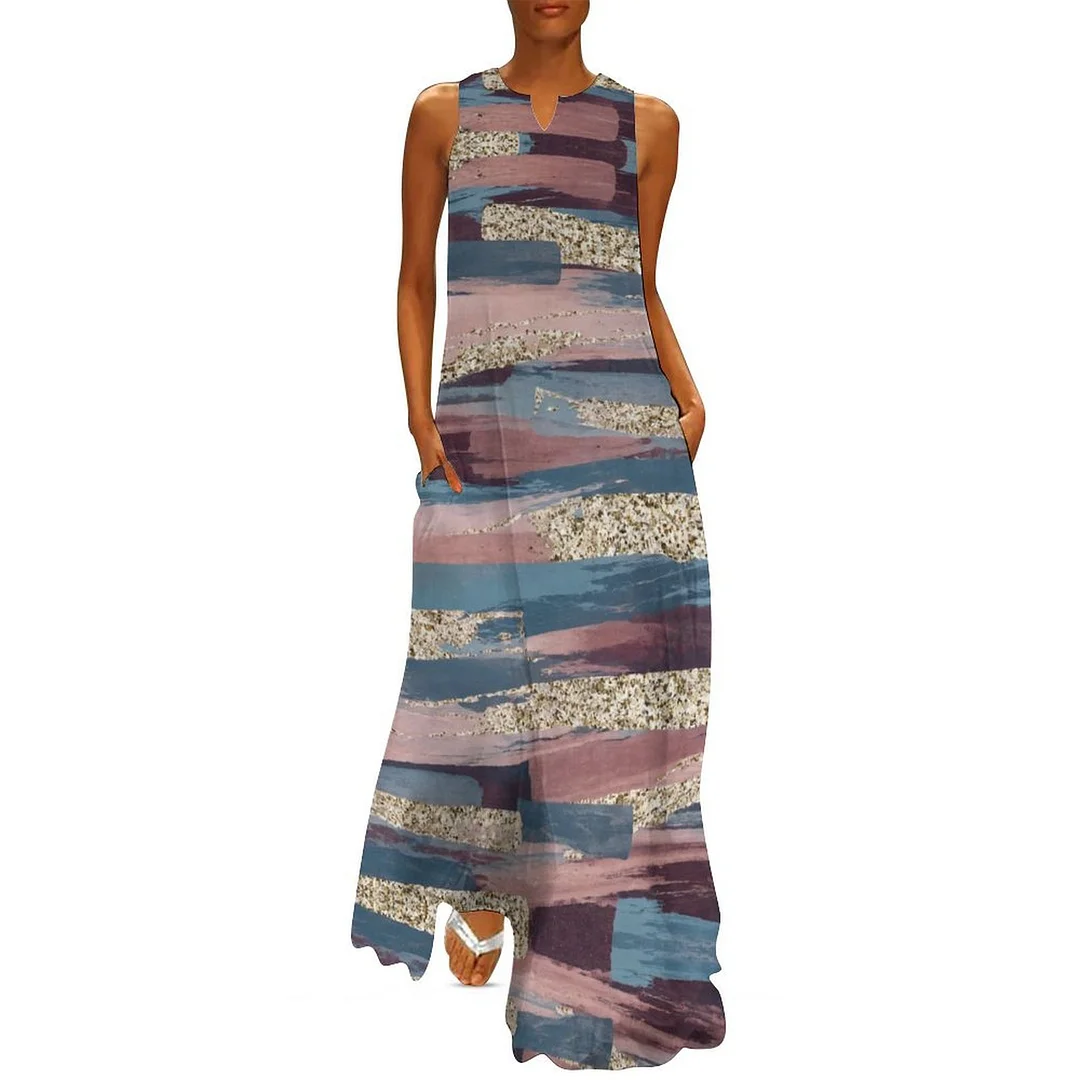 Style & Comfort for Mature Women Plus Size Printed Sleeveless Casual Women Maxi Dress with Pockets in Pattern Striped, Glitter, Pink, Navy