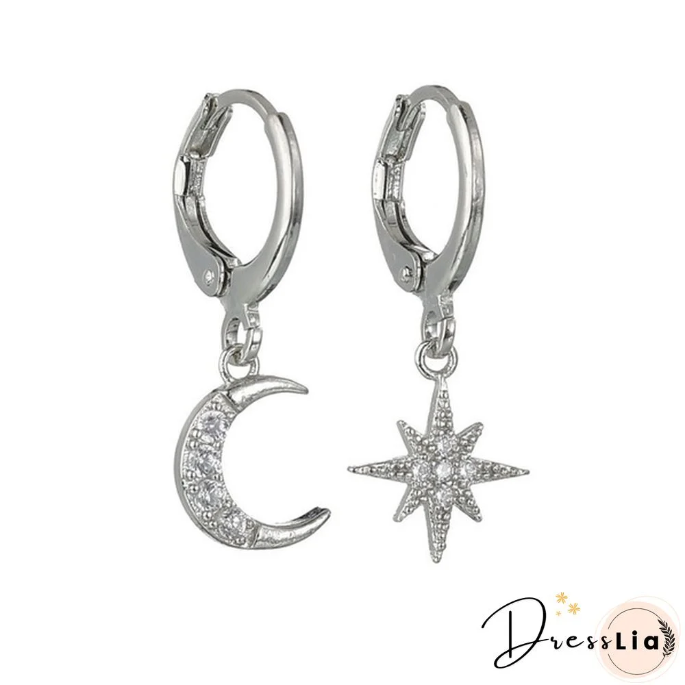 New 925 Silver Personality Asymmetric Star Moon Earrings Female Zircon Earrings Jewelry
