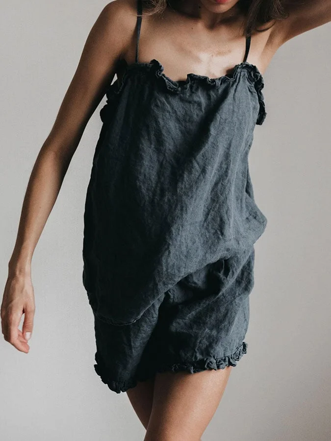 Women's cotton and linen casual suspenders and shorts two-piece suit