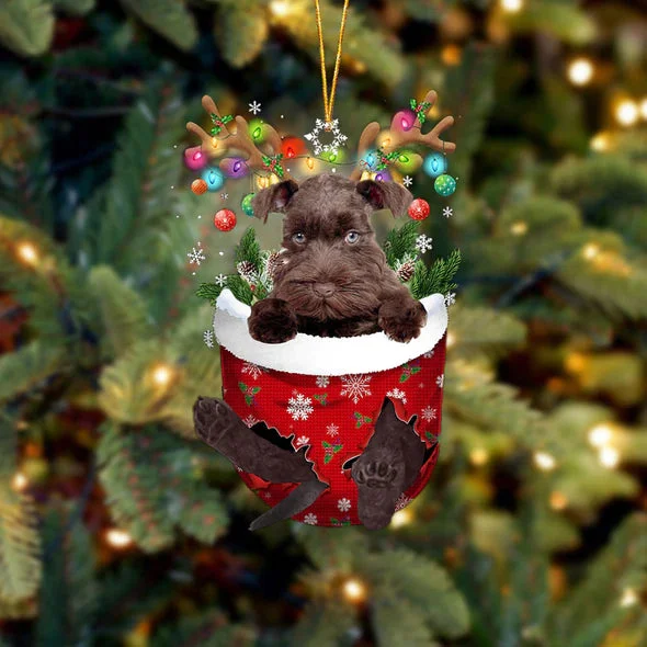 Miniature Schnauzer In Snow Pocket Christmas Ornament.