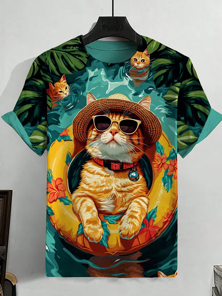 Men's Swim Ring Cats Print Casual T-Shirt