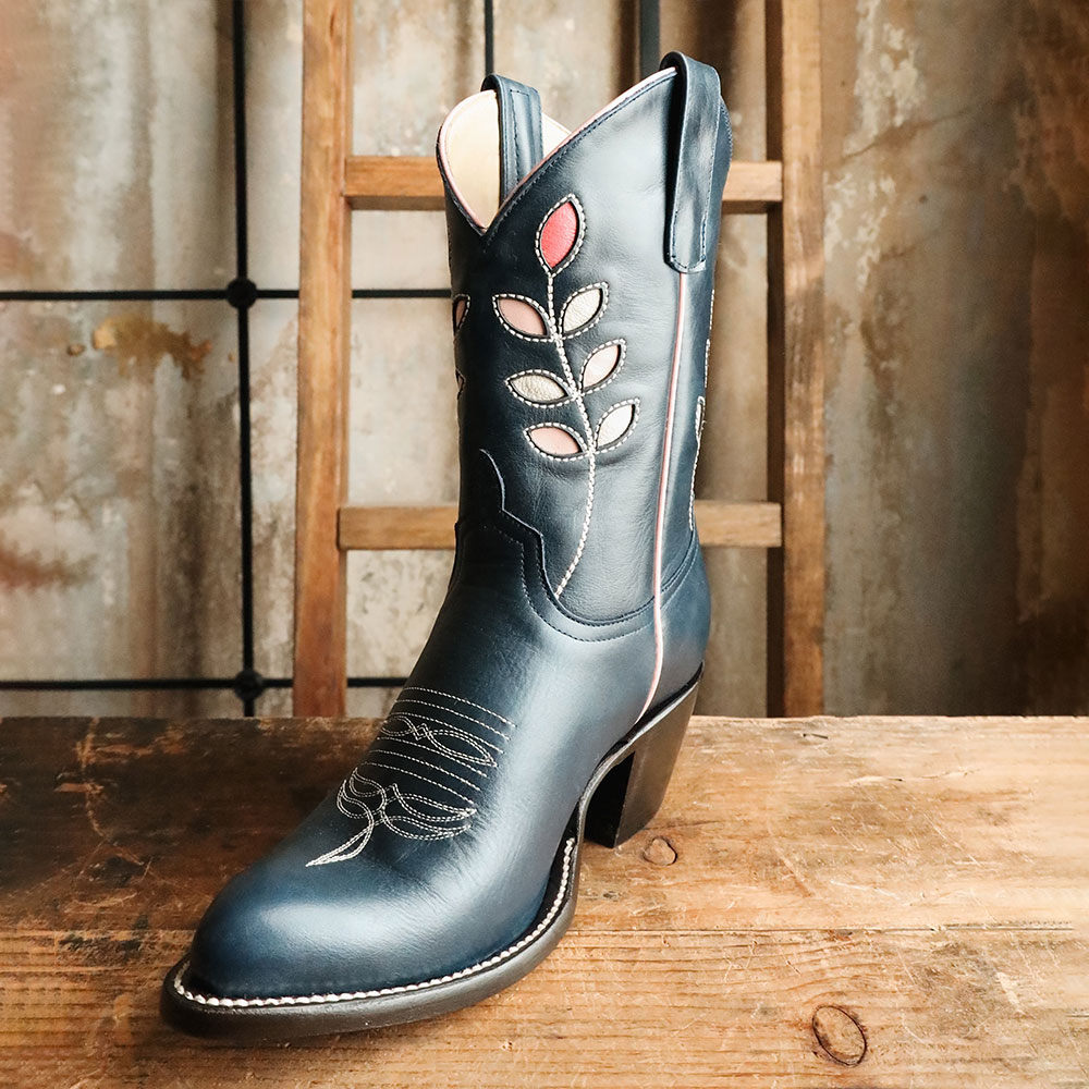 Navy Almond Toe Berry Inlay Block Heel Western Short Boots for Women