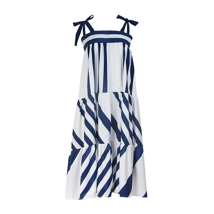 Tie-shoulder Striped Print Midi Dress Flaxmaker
