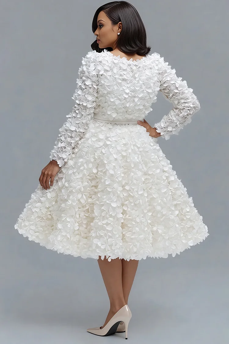 Xpluswear Design Plus Size Wedding White Round Neck Long Sleeve Bow Tie Elegant 3D Midi Dresses [Pre-Order]